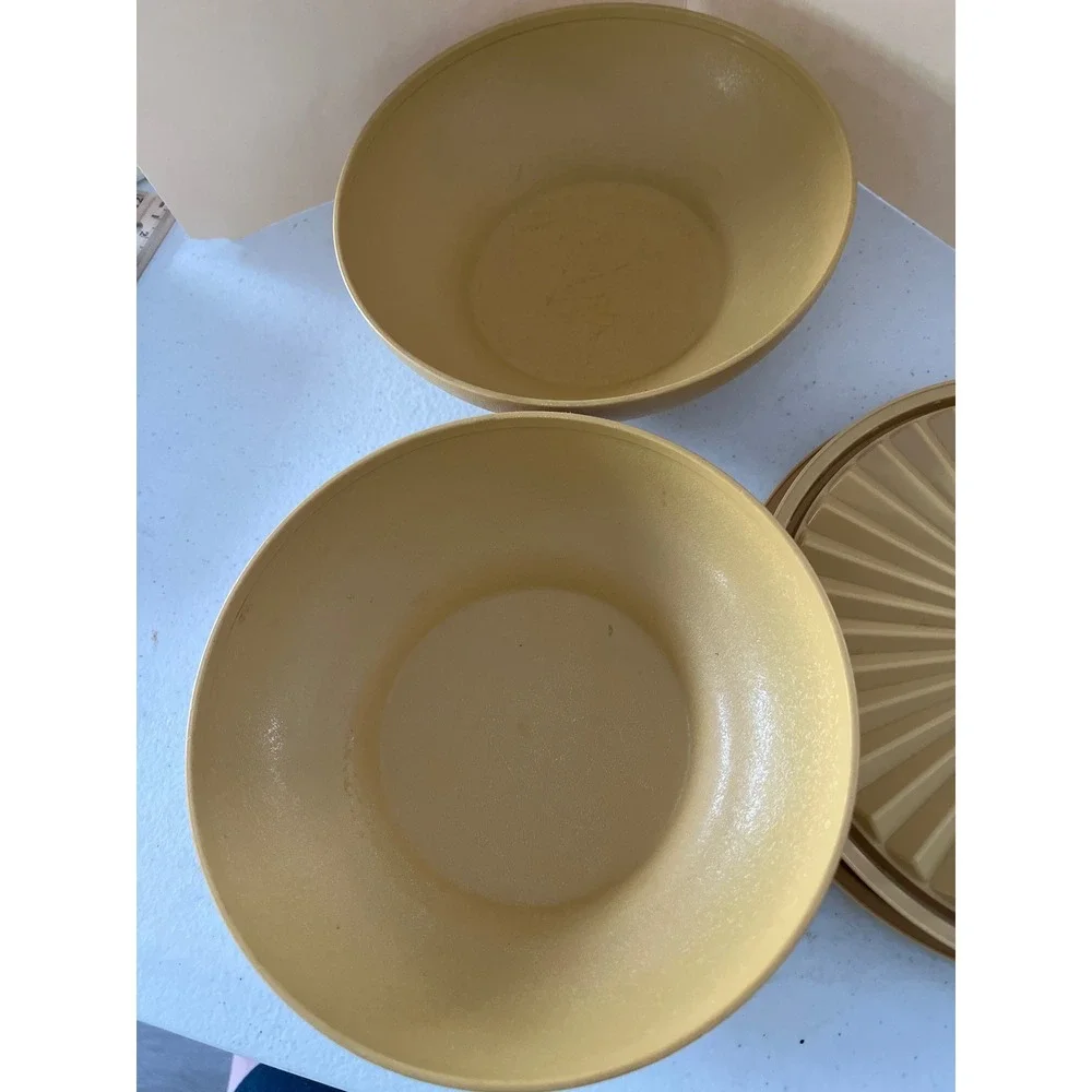 Vintage Tupperware Servalier Bowls Harvest Gold Mustard Yellow Set of 2 w/ Lids
